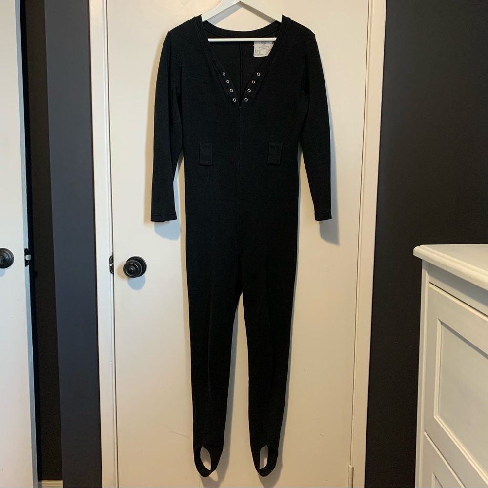 Vintage 80s 90s Black Women's Stirrup Jumpsuit Bodysuit